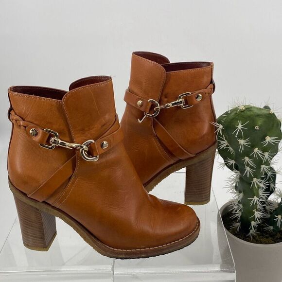 Mulberry Dorset Stacked Heel Buckle Ankle Boots Leather Cognac Size EU 38/ US 7‎ - Picture 1 of 16